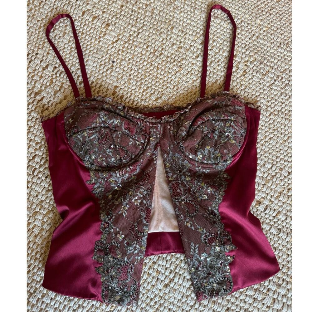 VTG Mandalay Burgundy Lace Sequin Beaded Ruffle Corset Top Size Front Zip Y2K 6 - Picture 5 of 8
